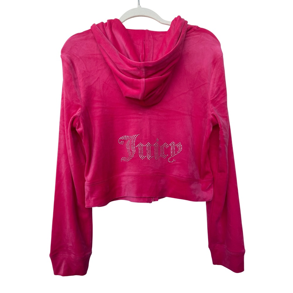 Juicy Couture Pink Party Velour Cropped Rhinestone Logo Zip Hoodie NWT Large